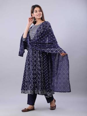 Blue Embroidered Rayon Anarkali Kurta Set 3