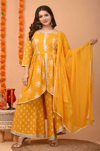 Yellow Embellished Rayon Anarkali Kurta Set