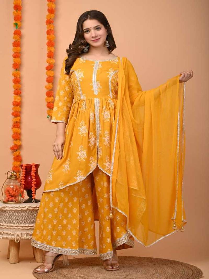 Yellow Embellished Rayon Anarkali Kurta Set