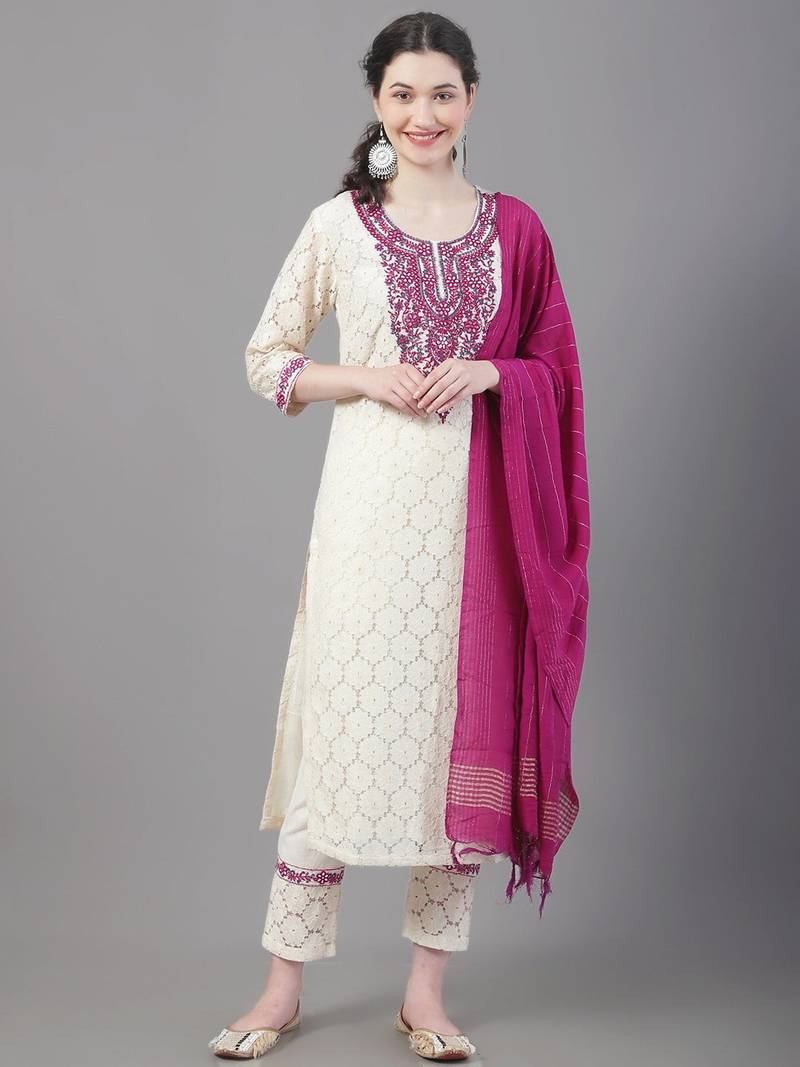 Beige & pink Embroidered Viscose Rayon Straight Kurta Set