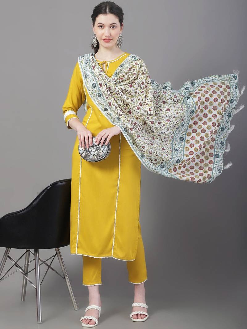 Mustard yellow Solid Viscose Rayon Straight Kurta Set