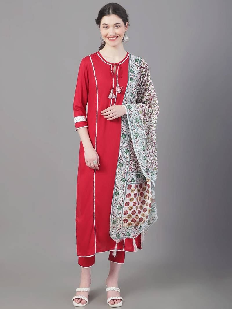 Red, Grey Solid Viscose Rayon Straight Kurta Set