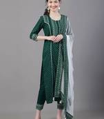 Green Printed Viscose Rayon Straight Kurta Set