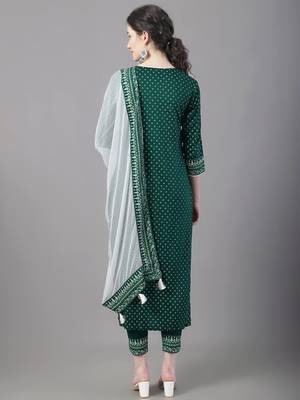 Green Printed Viscose Rayon Straight Kurta Set 2