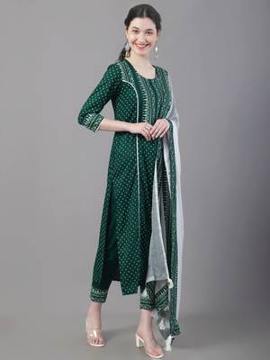 Green Printed Viscose Rayon Straight Kurta Set 3
