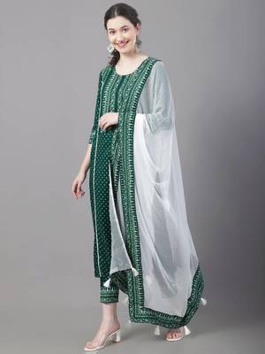 Green Printed Viscose Rayon Straight Kurta Set 4