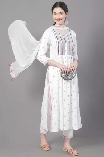 White Printed Viscose Rayon Straight Kurta Set