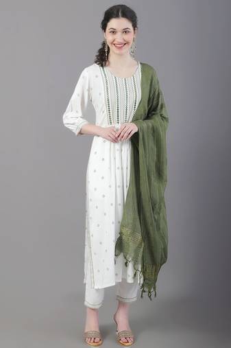 White, Green Embroidered Viscose Rayon Straight Kurta Set