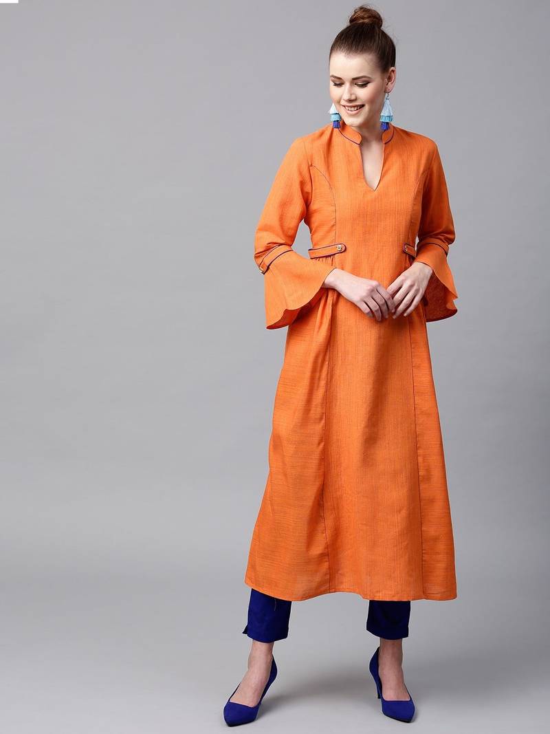 Orange Solid Cotton A-Line Kurta