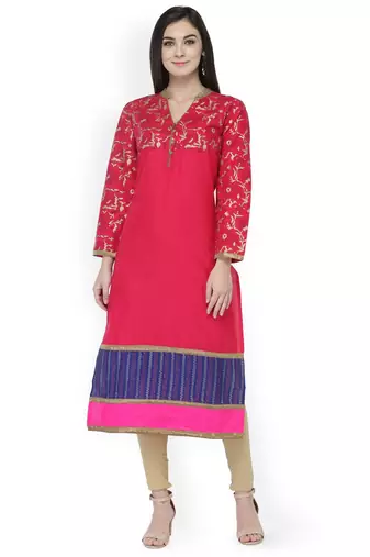 Pink Printed Cotton Straight Kurta