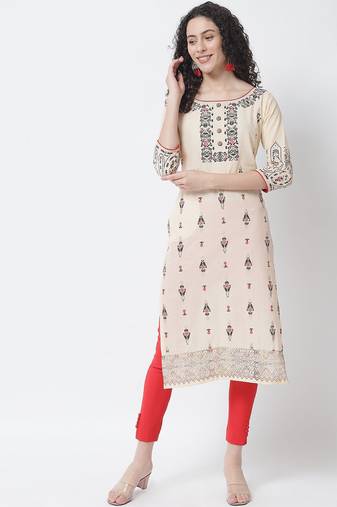 Beige Printed Cotton  Kurta