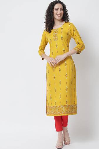 Mustard Printed Cotton  Kurta