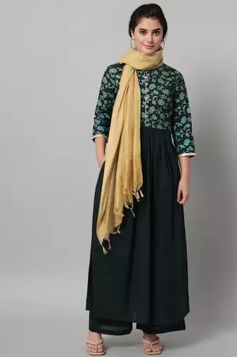 Green Printed Cotton  Kurta Set