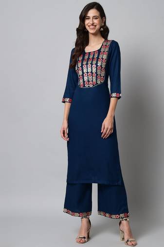Teal Embroidered Rayon  Kurta Set