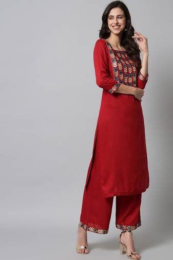 Red Embroidered Rayon  Kurta Set