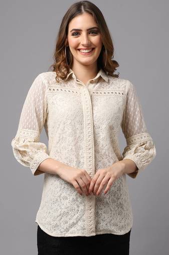 Beige Self Design Cotton  Shirt