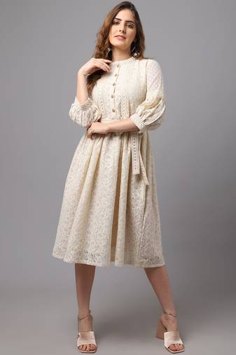 Off White Self Design Cotton  Dress