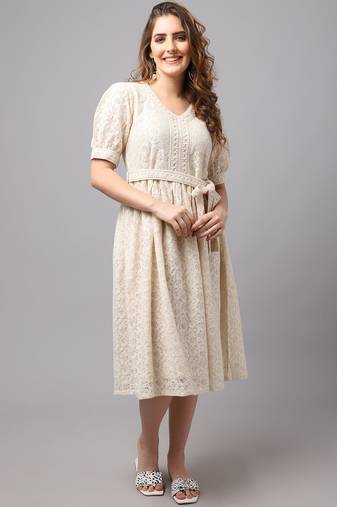 Off White Self Design Cotton  Dress