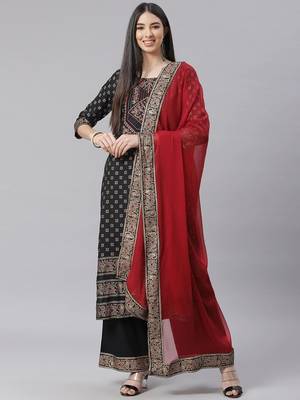 Black Printed Cotton  Kurta Set 1