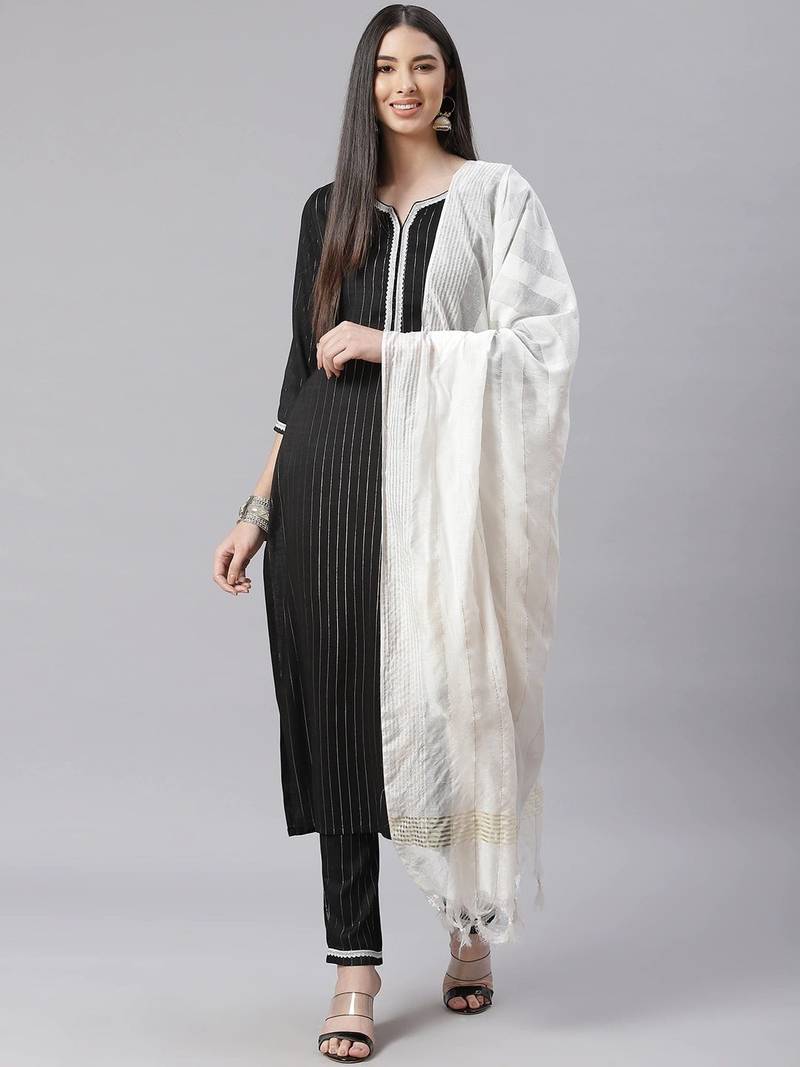 Black Striped Cotton  Kurta Set