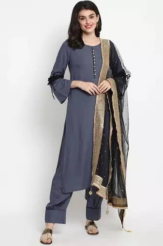 Grey Solid Rayon Straight Kurta Set