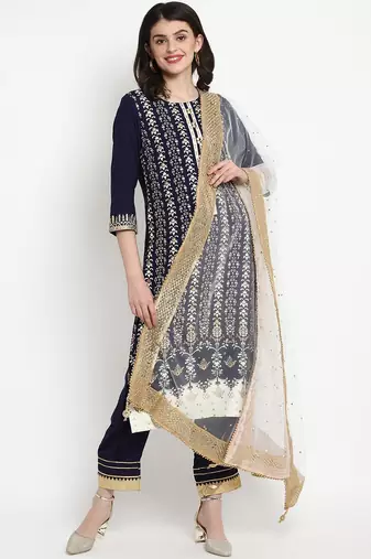 Navy Blue Printed Rayon Straight Kurta Set