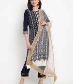 Navy Blue Printed Rayon Straight Kurta Set