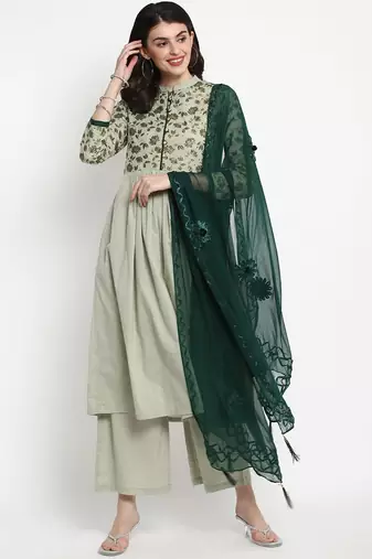 Green Printed Cotton Anarkali Kurta Set