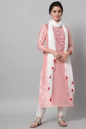 Pink Embroidered Dupion Silk Straight Kurta Set