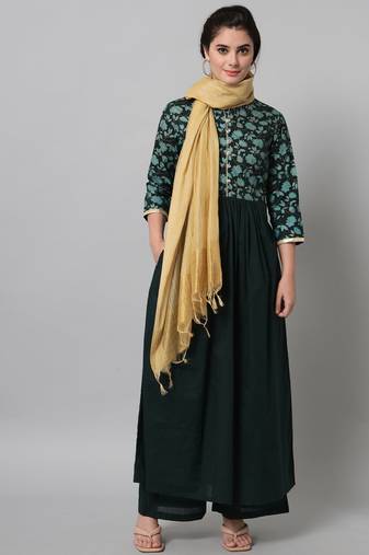 Green Printed Pure Cotton Straight Kurta Set