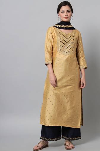 Beige Embroidered Dupion Silk Straight Kurta Set
