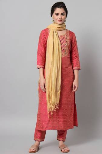 Magenta Embroidered Dupion Silk Straight Kurta Set