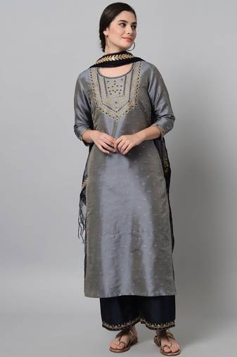 Grey Embroidered Dupion Silk Straight Kurta Set