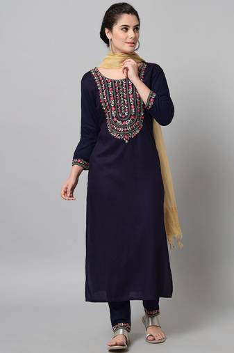 Navy blue Embroidered Viscose Rayon Straight Kurta Set