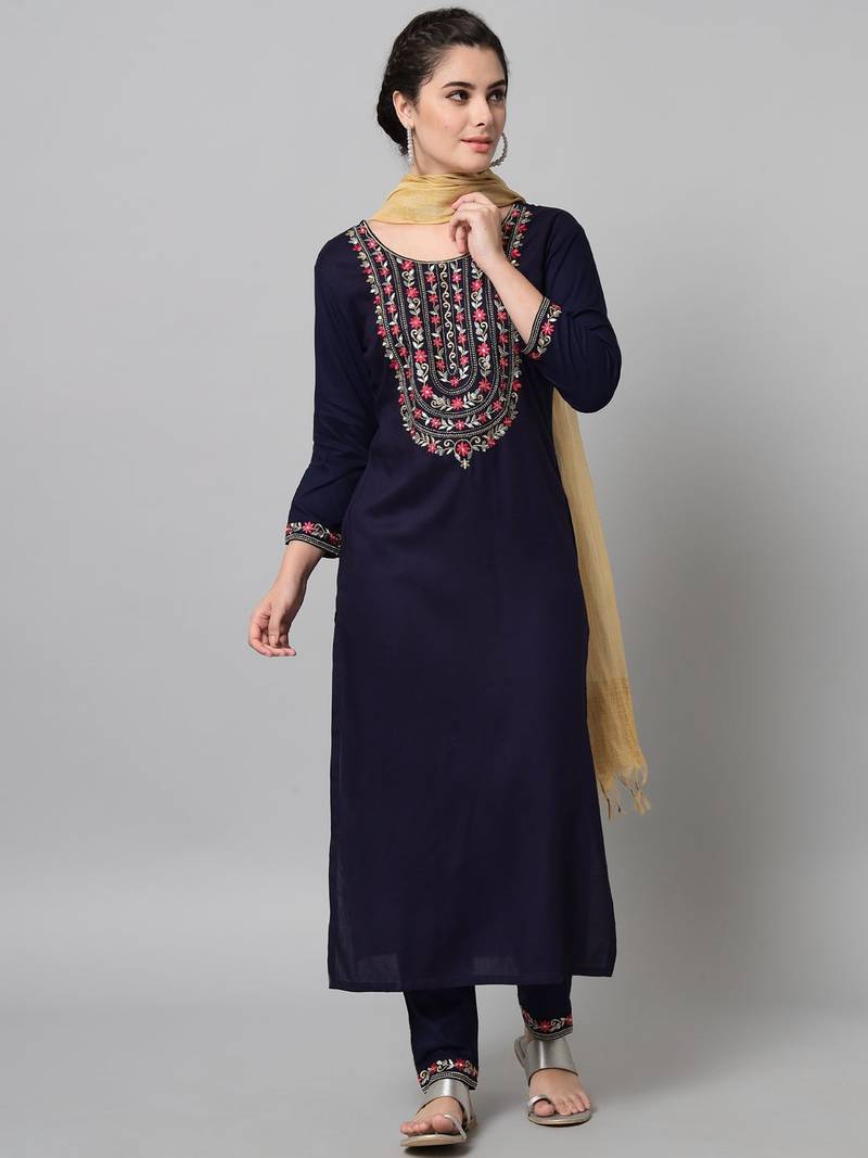 Navy blue Embroidered Viscose Rayon Straight Kurta Set