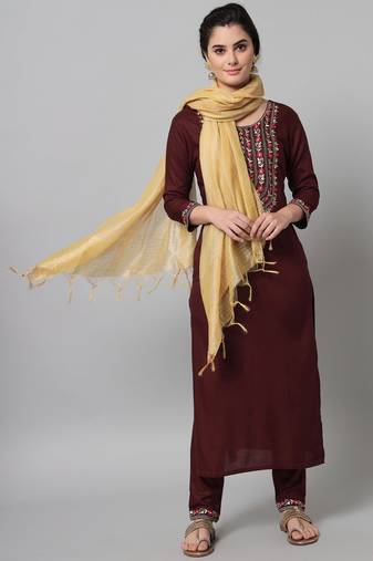 Wine Embroidered Viscose Rayon Straight Kurta Set