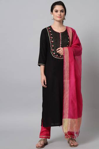 Black Embroidered Viscose Rayon Straight Kurta Set