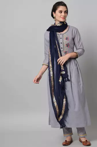 Grey Embroidered Pure Cotton Straight Kurta Set