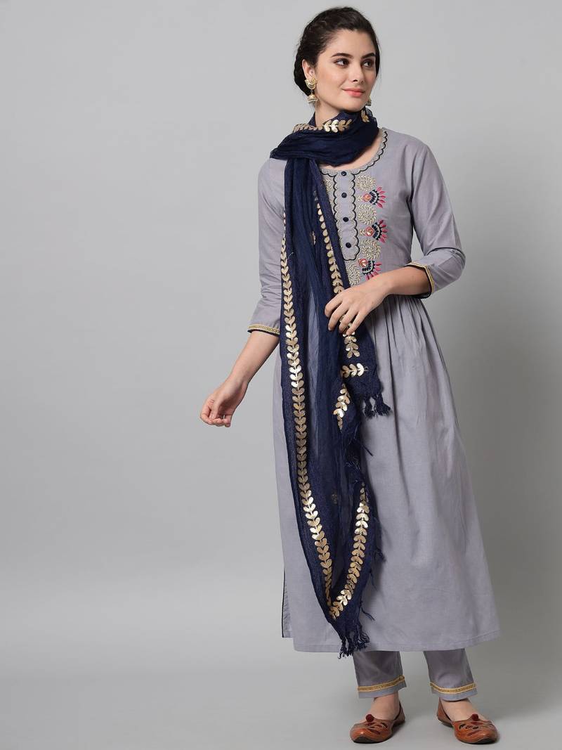 Grey Embroidered Pure Cotton Straight Kurta Set