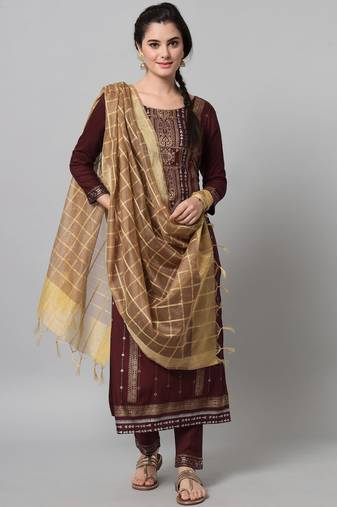 Wine Printed Viscose Rayon Straight Kurta Set