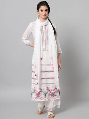 White Printed Viscose Rayon Straight Kurta Set 1