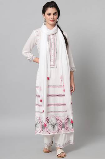 White Printed Viscose Rayon Straight Kurta Set