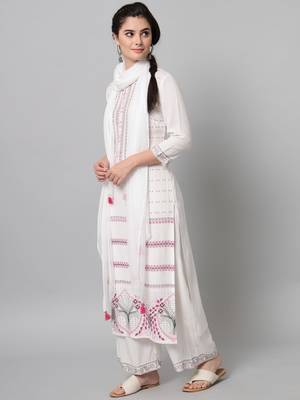 White Printed Viscose Rayon Straight Kurta Set 2