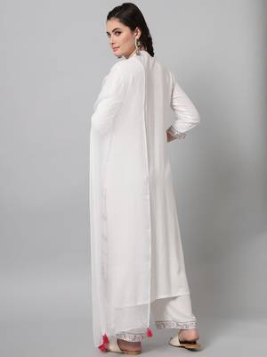 White Printed Viscose Rayon Straight Kurta Set 3
