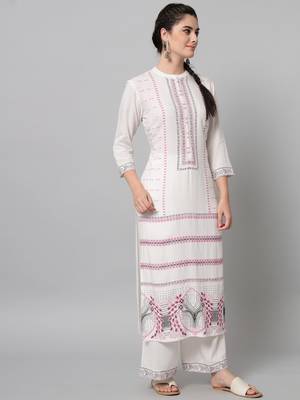 White Printed Viscose Rayon Straight Kurta Set 5