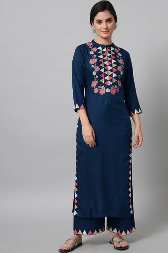 Teal Printed Viscose Rayon Straight Kurta Set