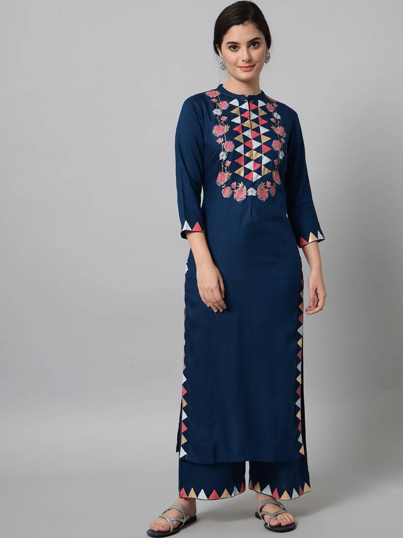 Teal Printed Viscose Rayon Straight Kurta Set