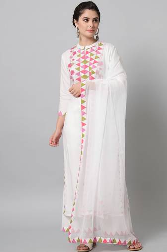 White Printed Viscose Rayon Straight Kurta Set
