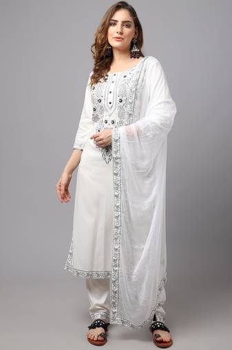 White Printed Viscose Rayon Straight Kurta Set