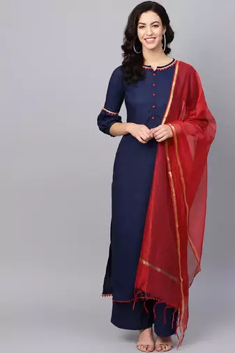 Navy blue Solid Cotton Straight Kurta Set